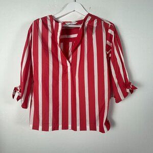 Trina Turk Womens Red & White Striped Split Neck Tie-Sleeve Blouse Top XS Casual